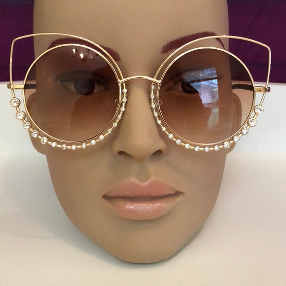 GOLD Rhinestone Geometric point Round Sunglasses - Picture 4 of 8